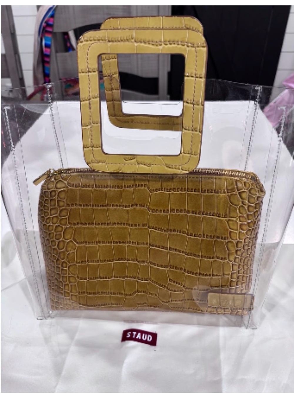 STAUD Clear Tote with Mustard Croc-Embossed Pouch and Square Handles
